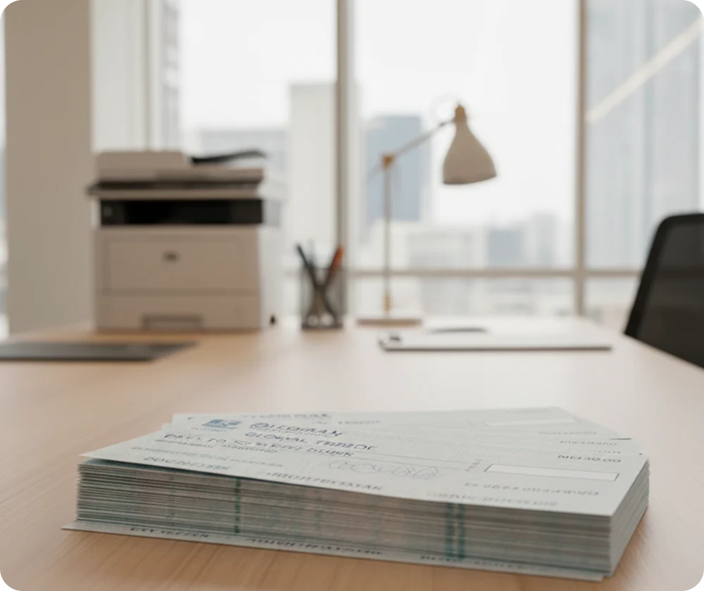 Stack of cheques ready for automated printing in a Bahrain office