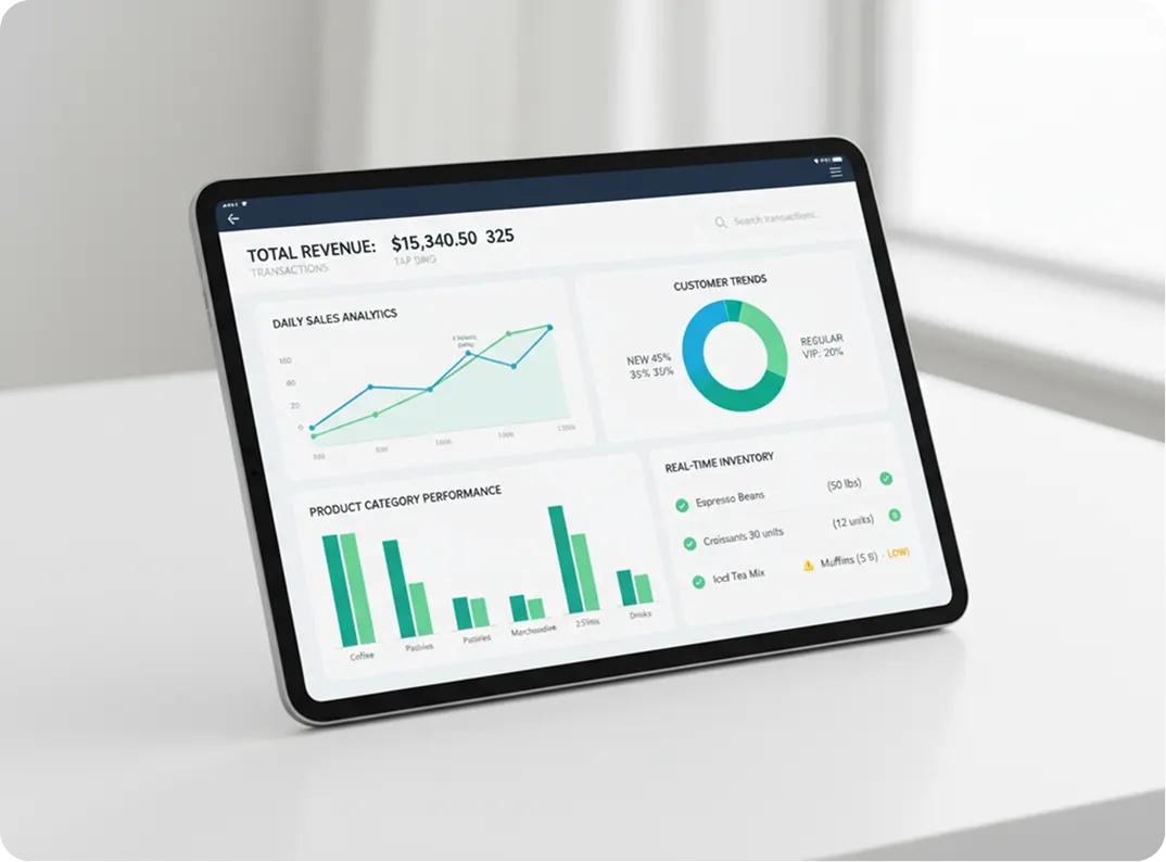 Elate POS dashboard showing sales analytics, customer trends, and real-time inventory on a tablet