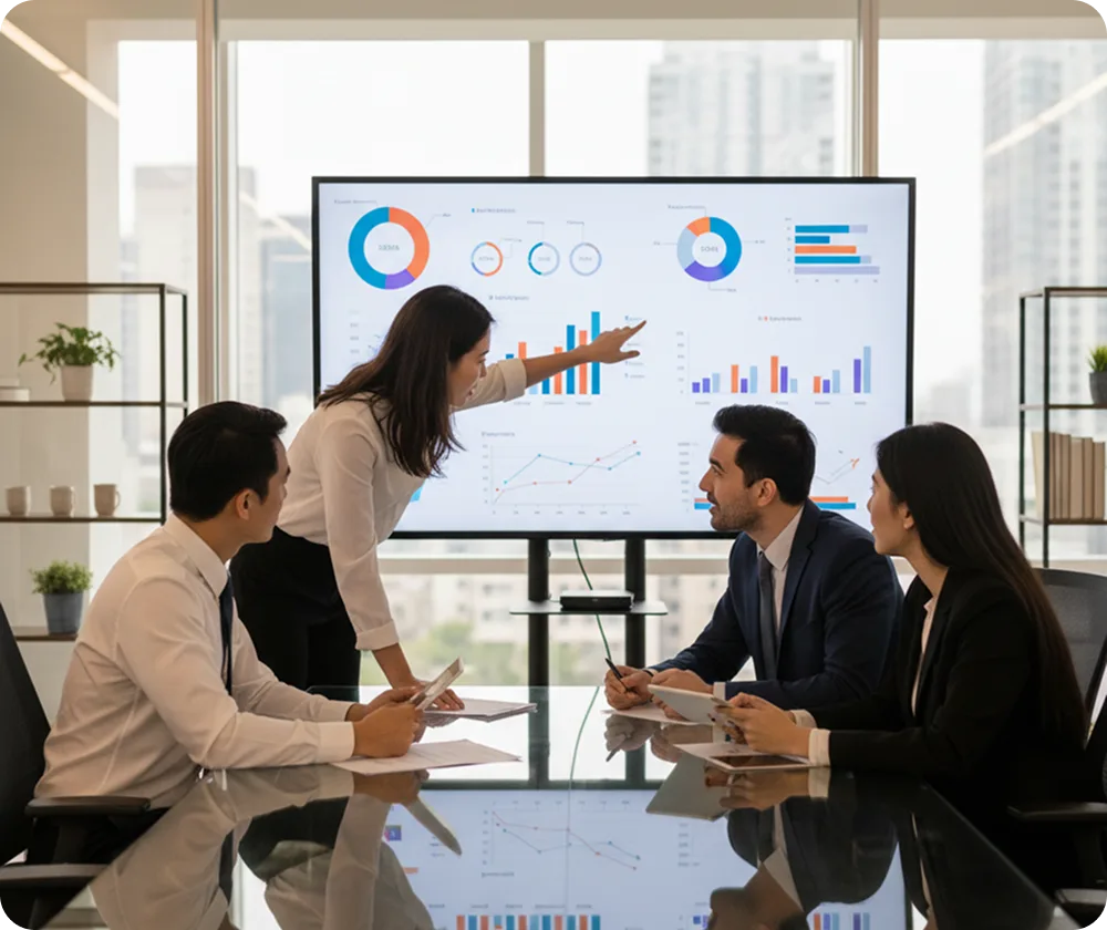 Elate ERP business analytics dashboard in a team meeting