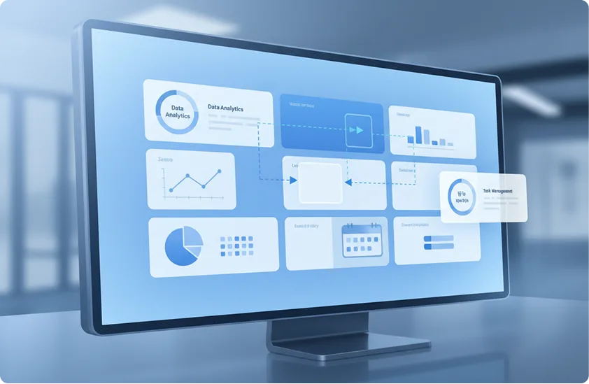 Custom accounting analytics modules displayed on a desktop monitor