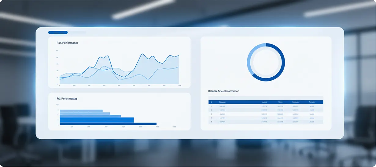 Advanced accounting reports with performance charts and balance sheet information