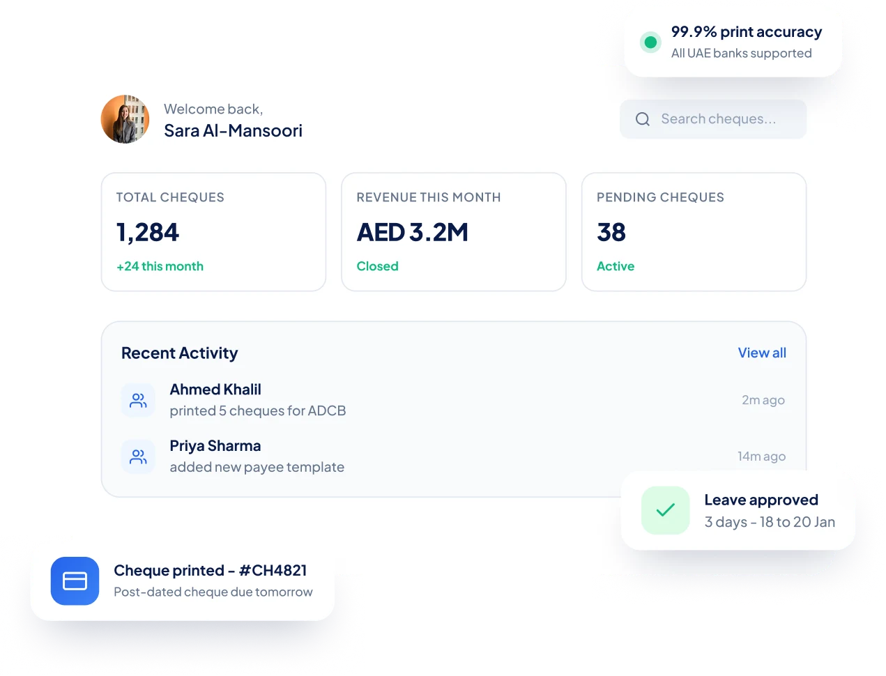 Elate cheque printing software dashboard with cheque totals and payment alerts