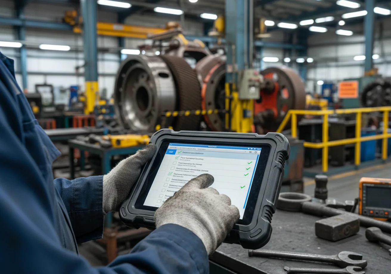 Maintenance technician reviewing equipment tasks on a rugged tablet in an industrial workshop