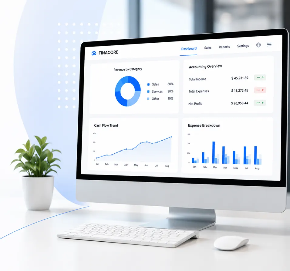 Elate Accounting dashboard showing revenue, income, expenses, cash flow, and expense reports