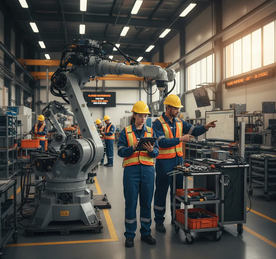 Maintenance engineers reviewing equipment compliance beside an industrial robot