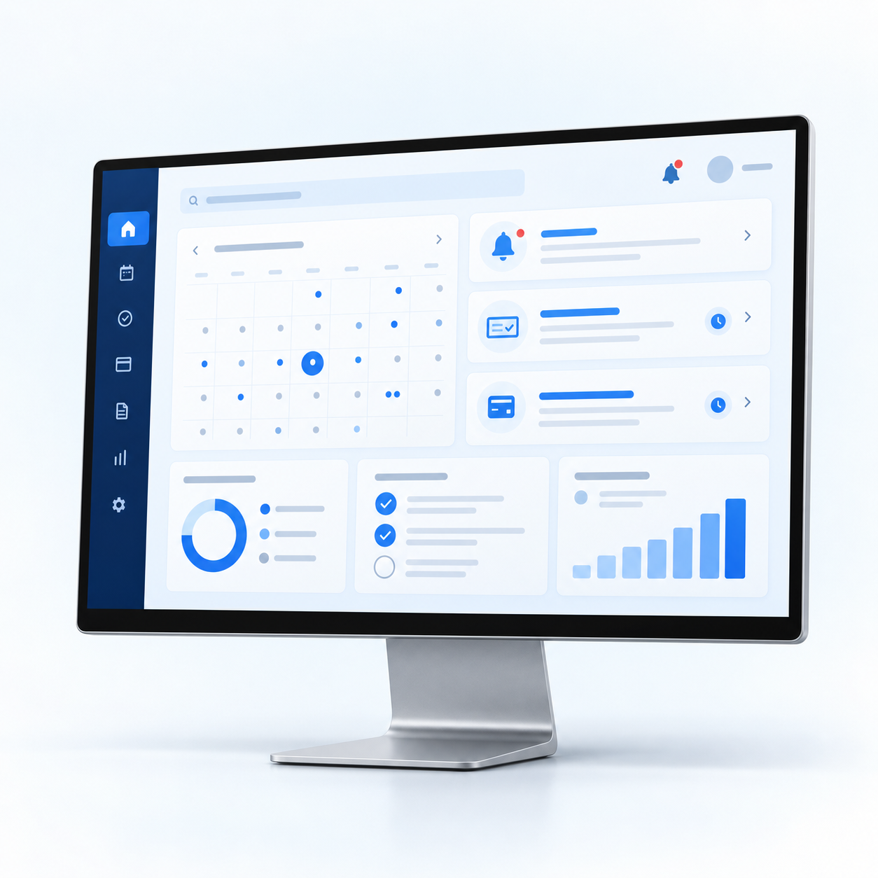 Desktop monitor displaying the Elate Reminder calendar, notifications, payment reminders, and task status dashboard