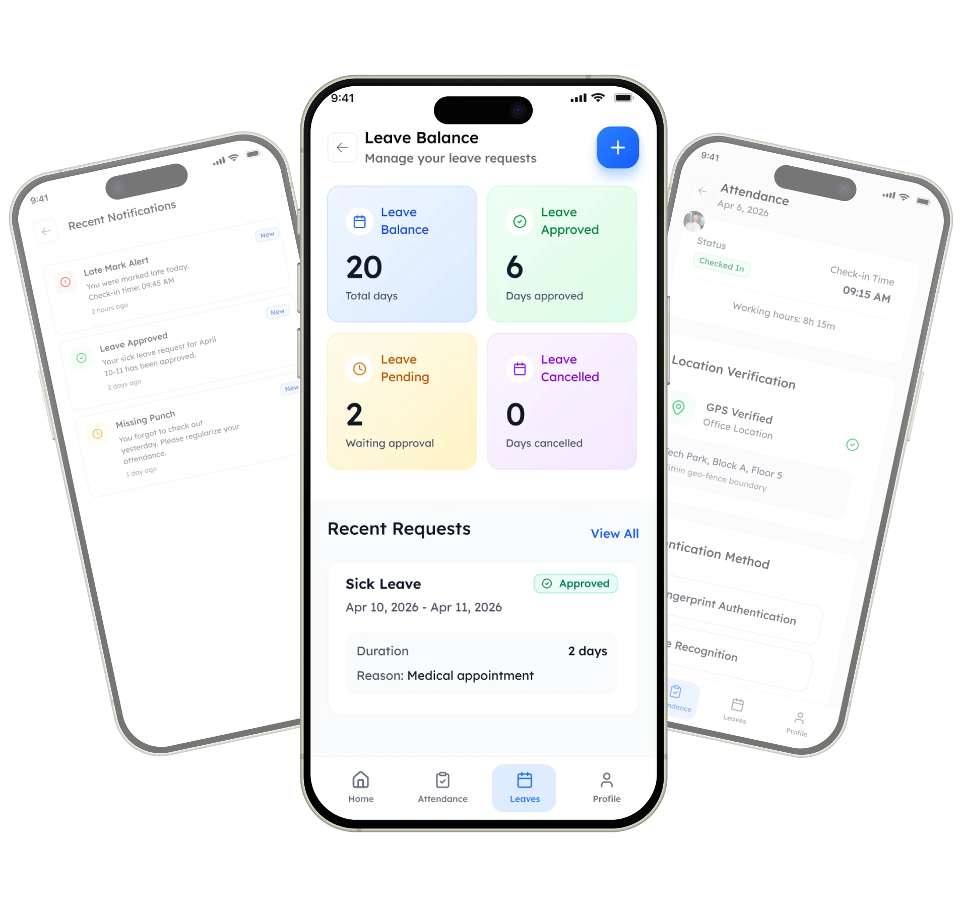 Elate Time mobile screens for leave balance, notifications, and attendance