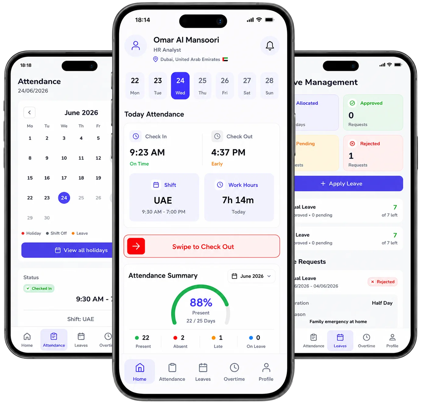 Elate Time mobile attendance and leave management screens
