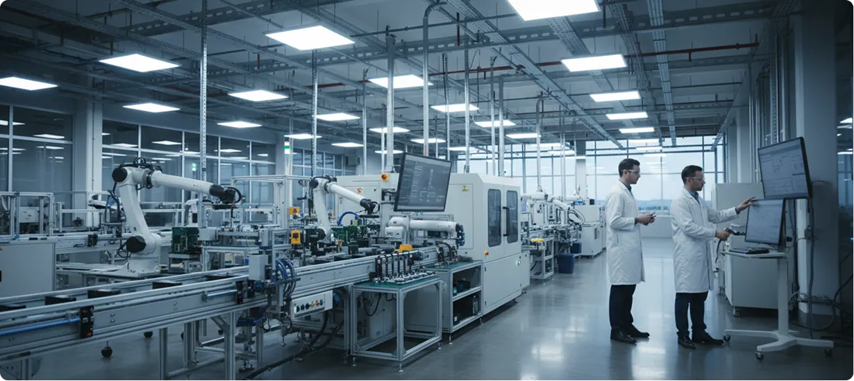 Manufacturing team monitoring ERP-enabled production operations