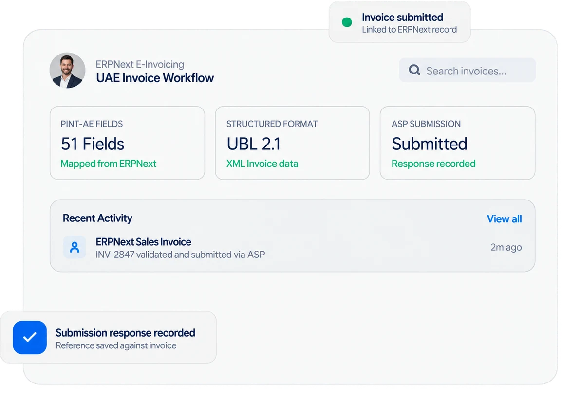 Illustrative ERPNext UAE e-invoicing dashboard showing PINT-AE field mapping, UBL 2.1 invoice data, ASP submission, and recorded responses