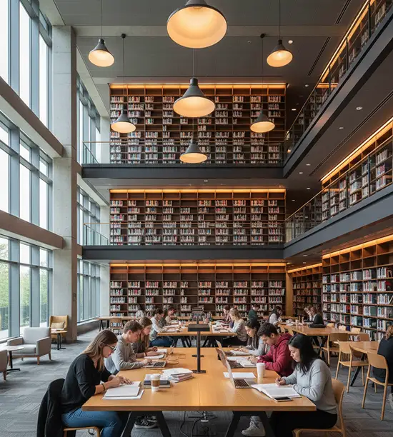 Students using a modern university library