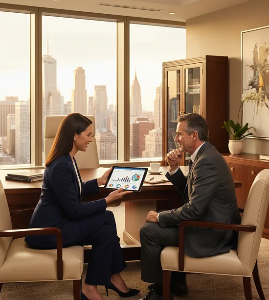 Financial advisor discussing a client wealth management portfolio