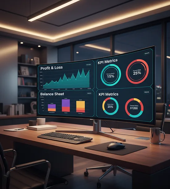 Financial analytics dashboard showing profit and loss and KPI metrics