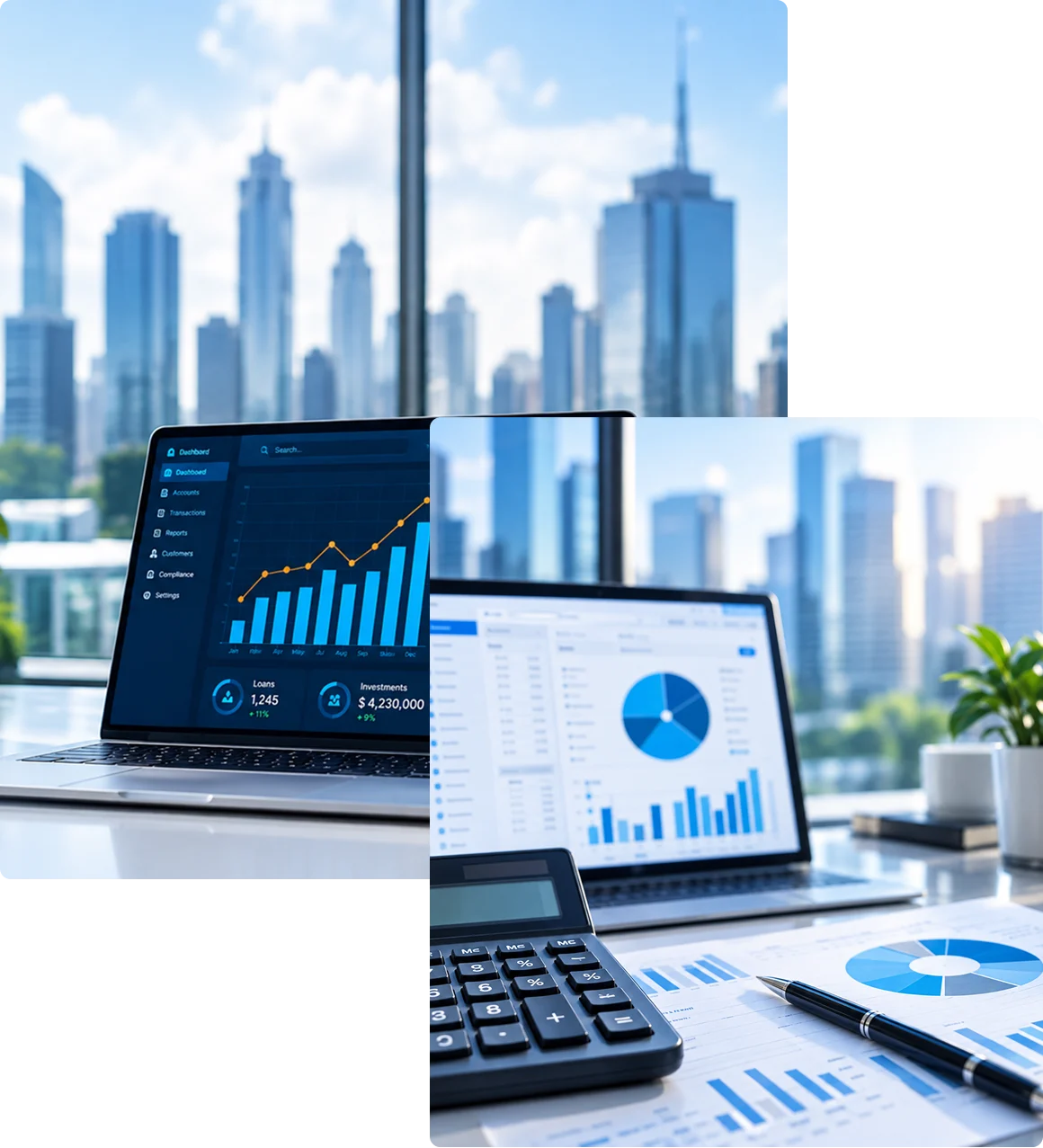 Financial dashboards displayed with charts, calculator, and reports