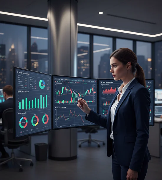 Portfolio manager analyzing investment performance and risk dashboards