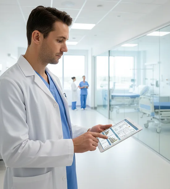Doctor reviewing a digital clinical workflow