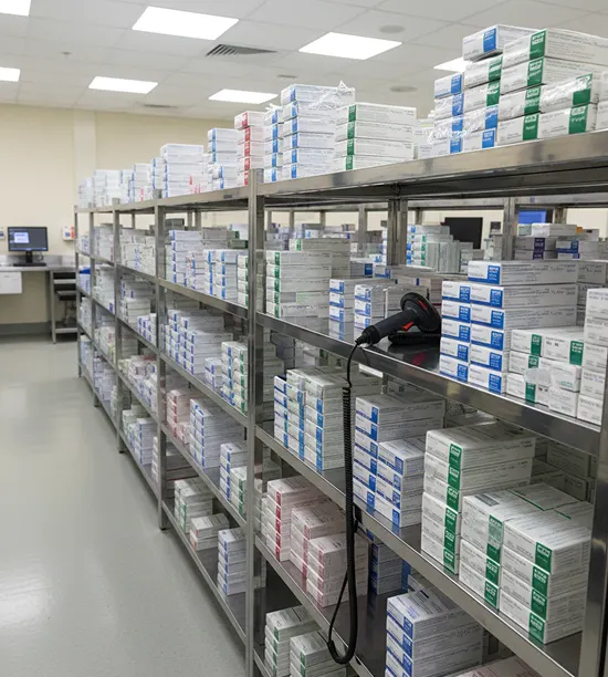 Organized hospital pharmacy inventory shelves