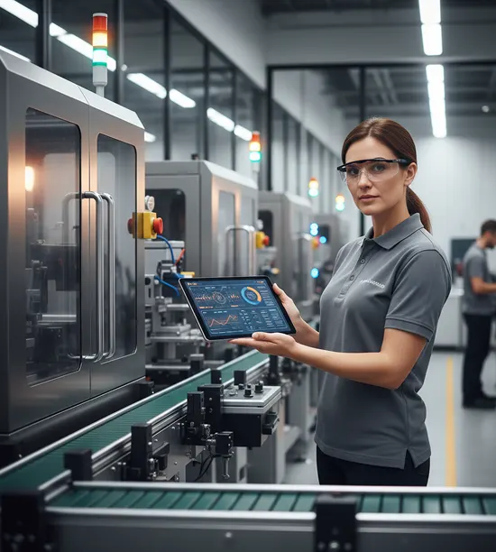 Factory operator reviewing shop floor analytics