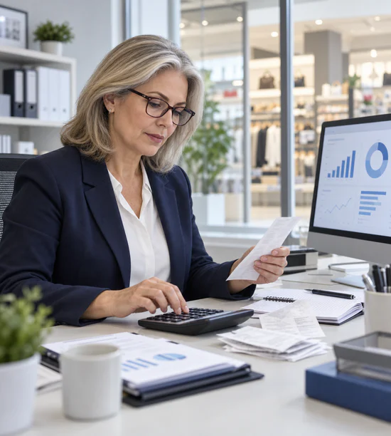 Retail finance manager reviewing daily accounts