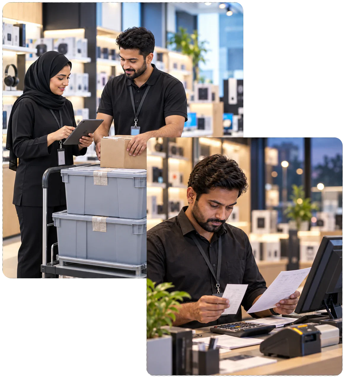 Retail supervisor completing closing checks while stock is transferred