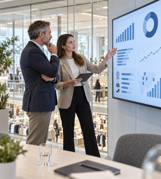 Retail managers reviewing branch performance reports