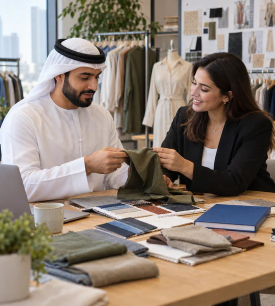 Retail buyer reviewing product samples with a supplier