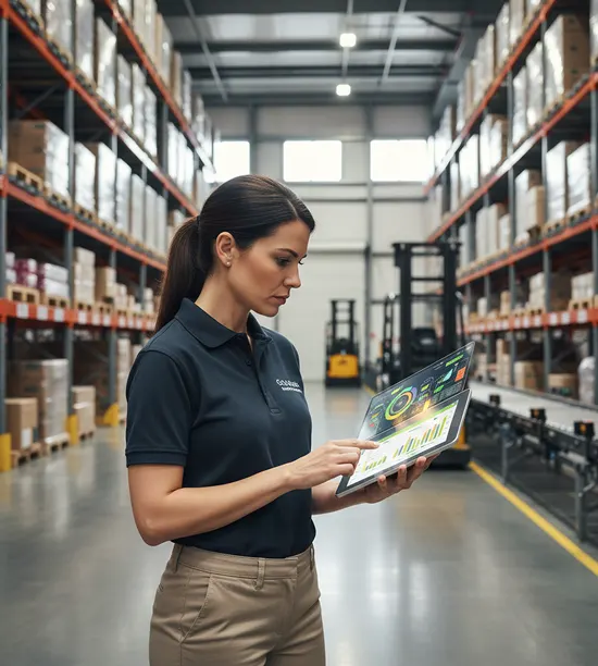 Warehouse specialist reviewing distribution analytics