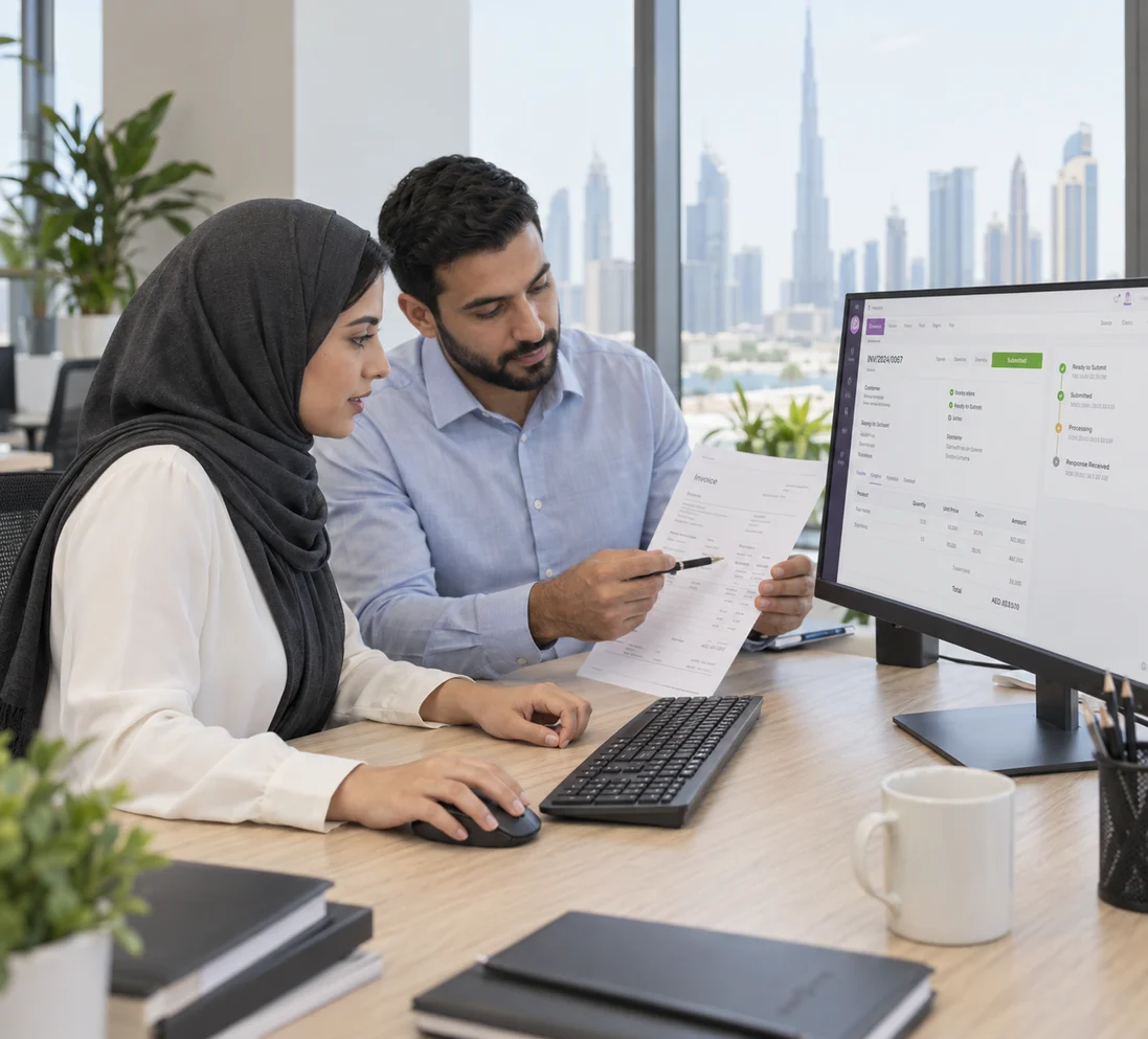 Finance colleagues reviewing approved invoice details and e-invoicing submission status in their Odoo workflow