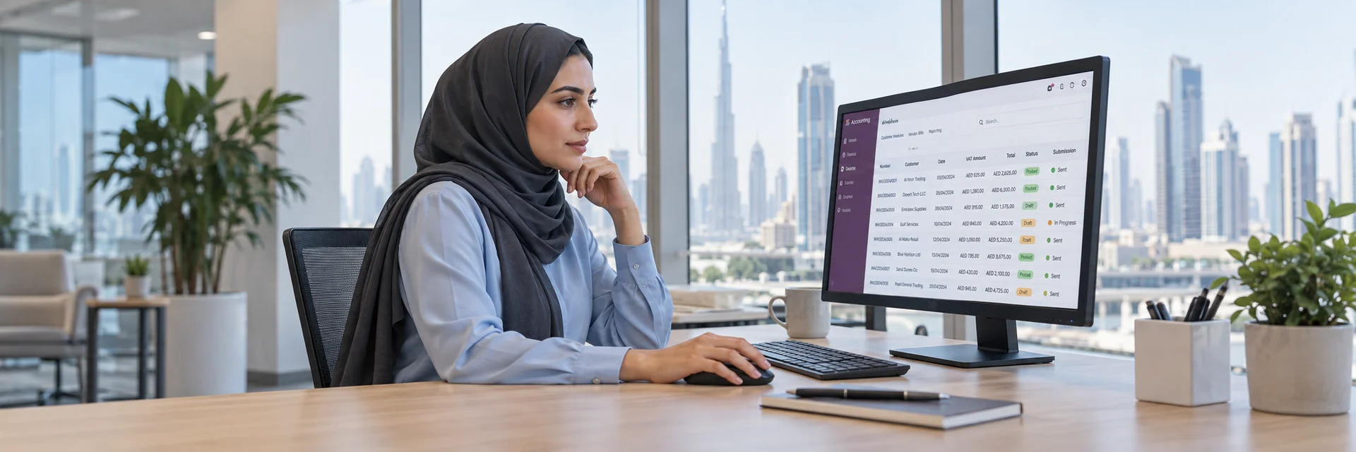Finance professional reviewing electronic tax reporting records and invoice submission references