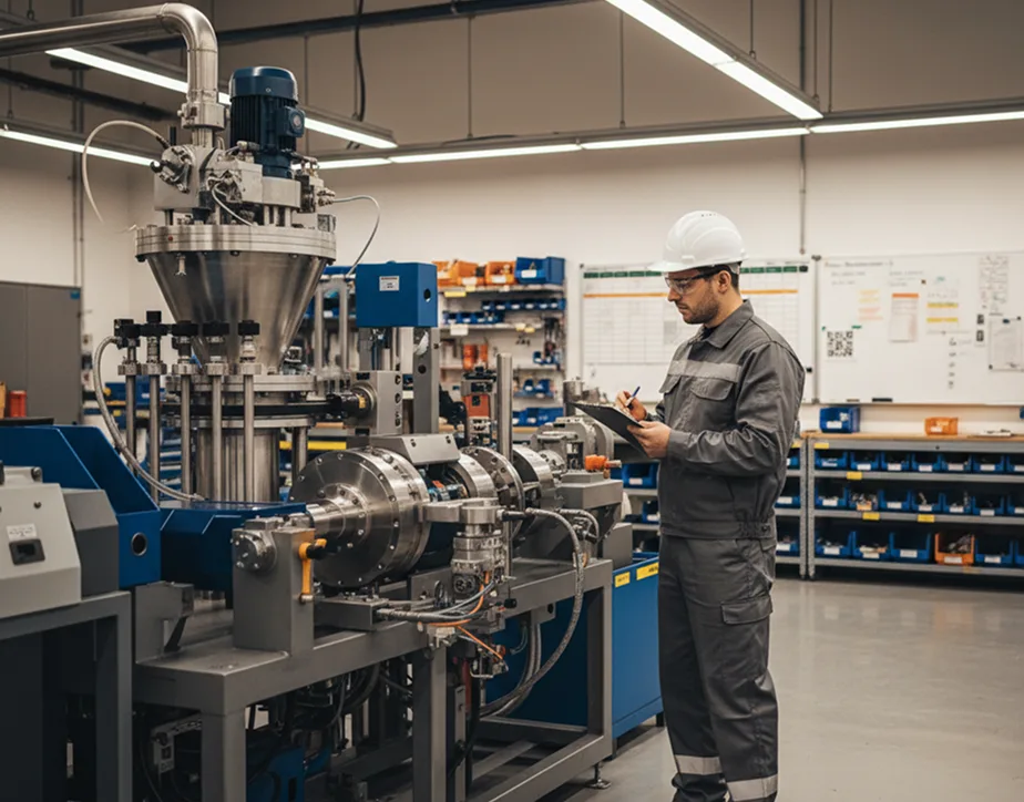 Maintenance engineer inspecting industrial equipment in a manufacturing facility