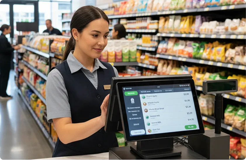 Retail associate using an Elate POS checkout terminal in a grocery store