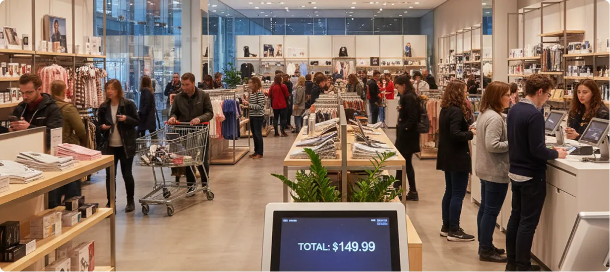 Busy retail store with customers shopping and POS terminals serving sales