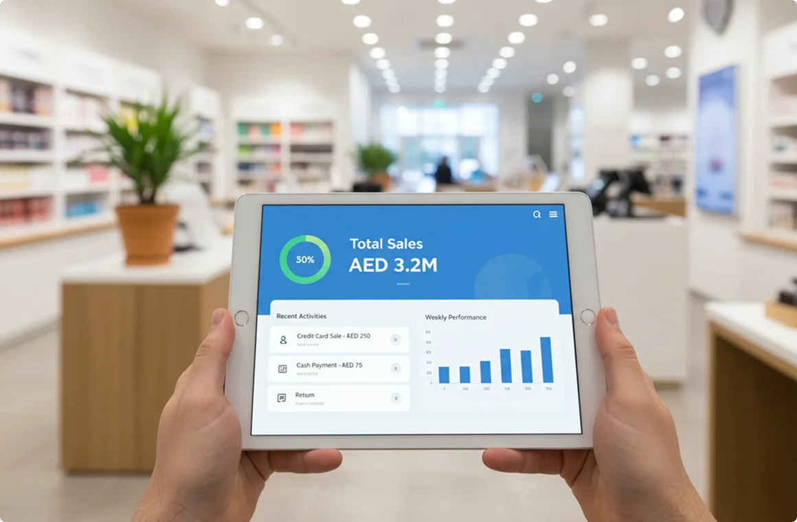 Elate POS sales dashboard displayed on a tablet in a modern retail store