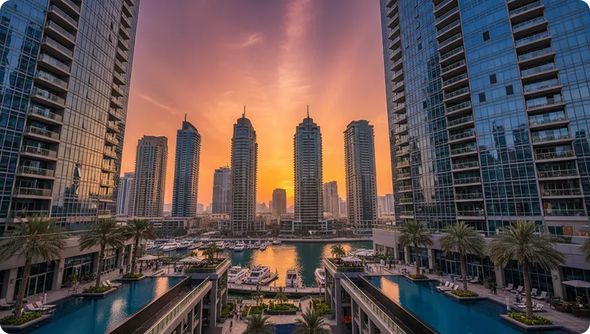 Muscat Marina residential towers overlooking the waterfront at sunset