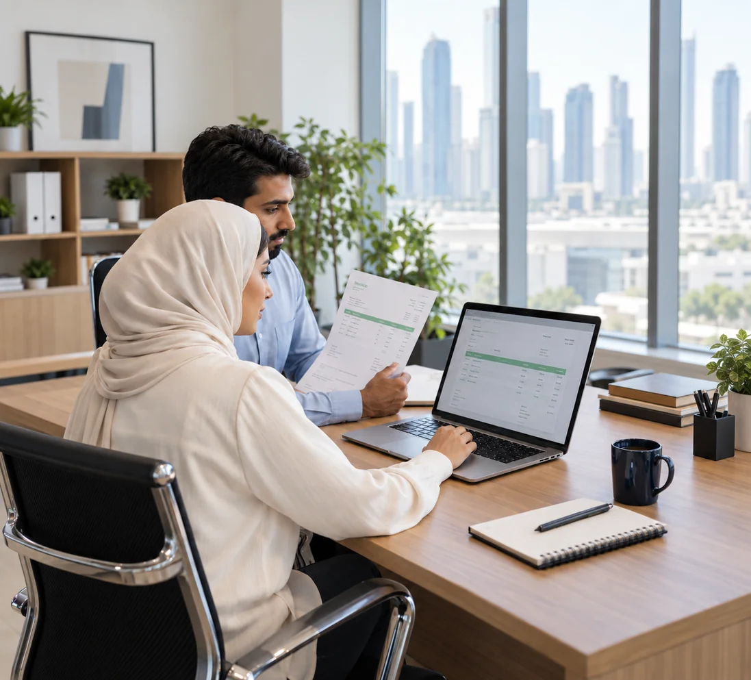 Finance colleagues reviewing an invoice alongside their accounting records on a laptop