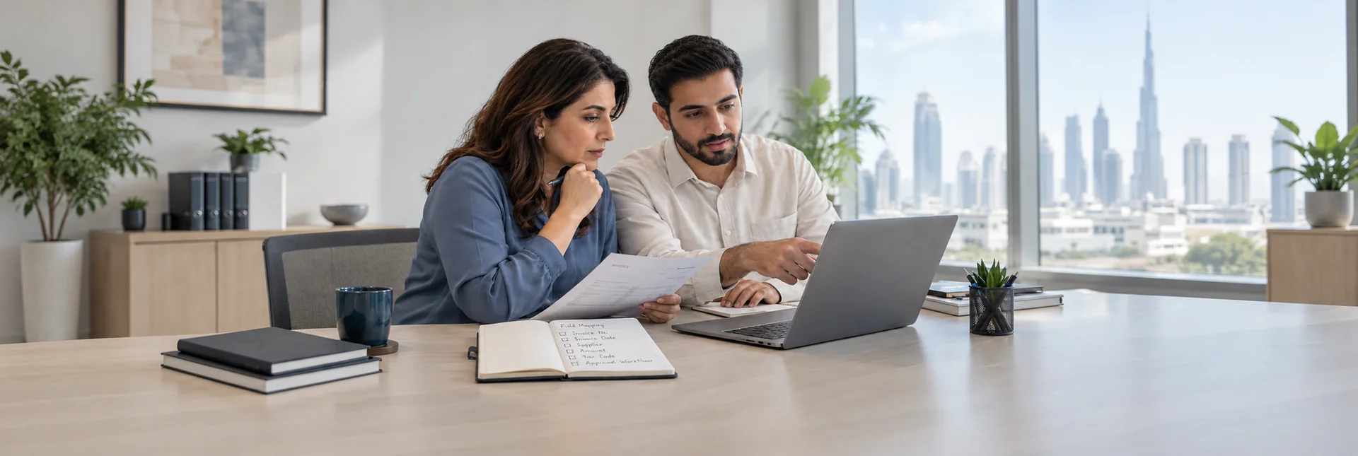 Accountant and implementation specialist reviewing invoice fields and setup notes