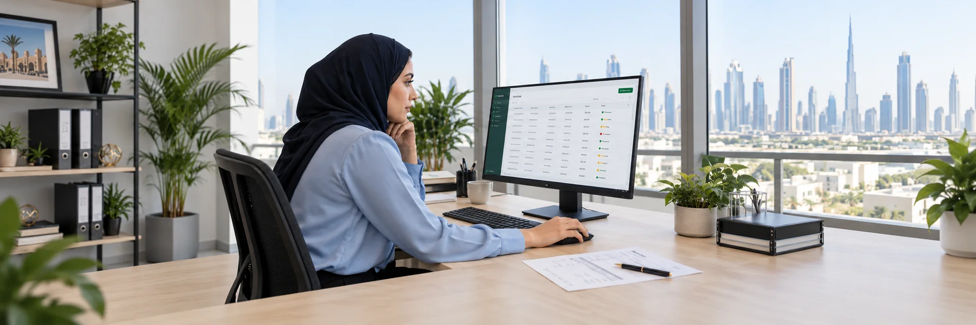 Finance professional reviewing invoice processing statuses on an accounting screen