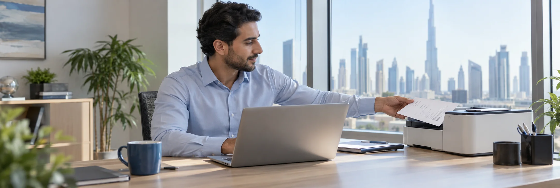 Finance professional collecting a locally printed invoice while working on a laptop