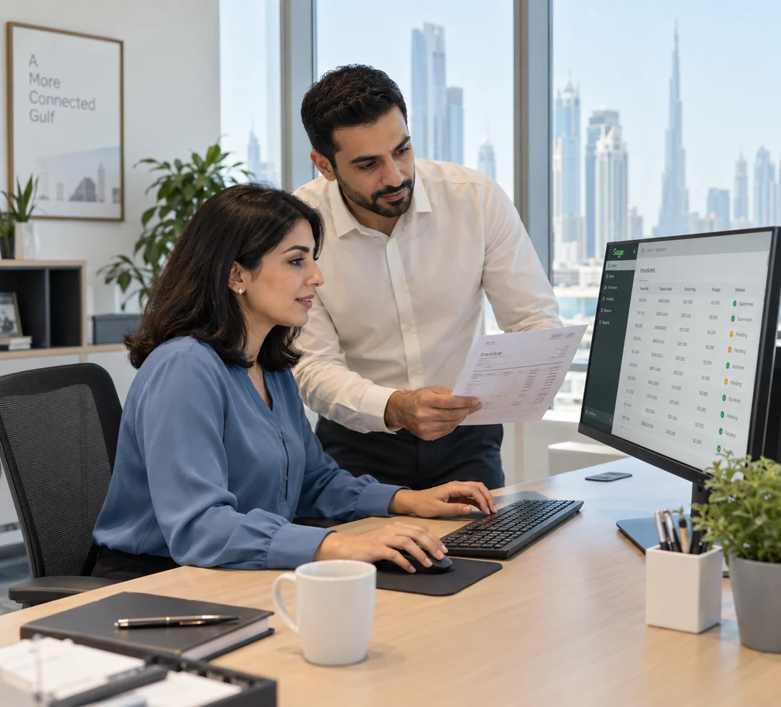 Finance colleagues reviewing a Sage invoice and its submission status in their familiar accounting workflow
