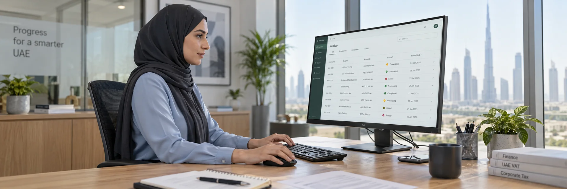 Finance professional reviewing invoice submission records and processing statuses