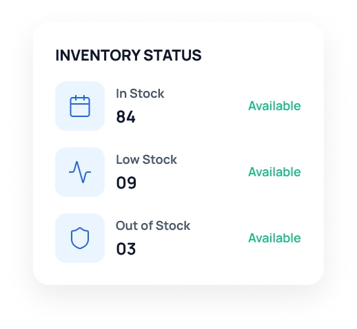 Inventory status summary showing in-stock, low-stock, and out-of-stock quantities