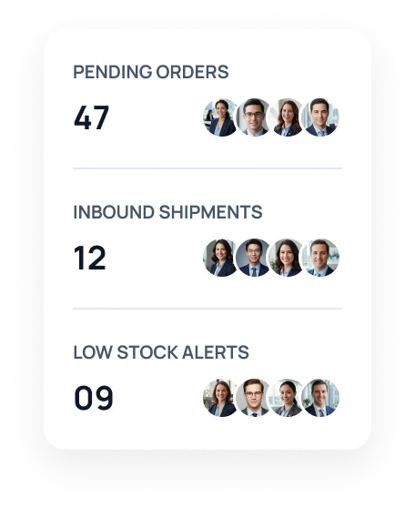 Warehouse summary showing pending orders, inbound shipments, and low stock alerts