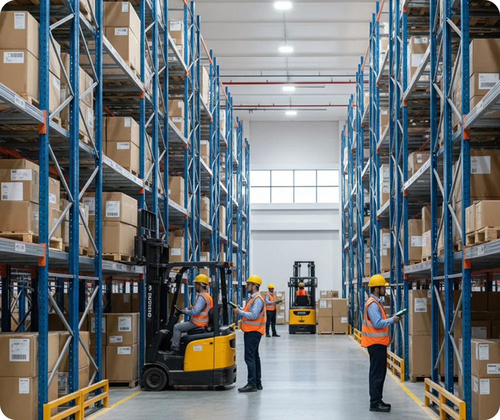 Warehouse team coordinating stock movement between storage racks and forklifts