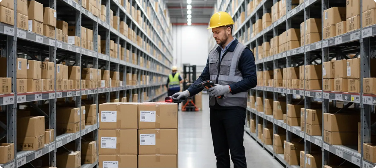Warehouse employee scanning a labeled shipment