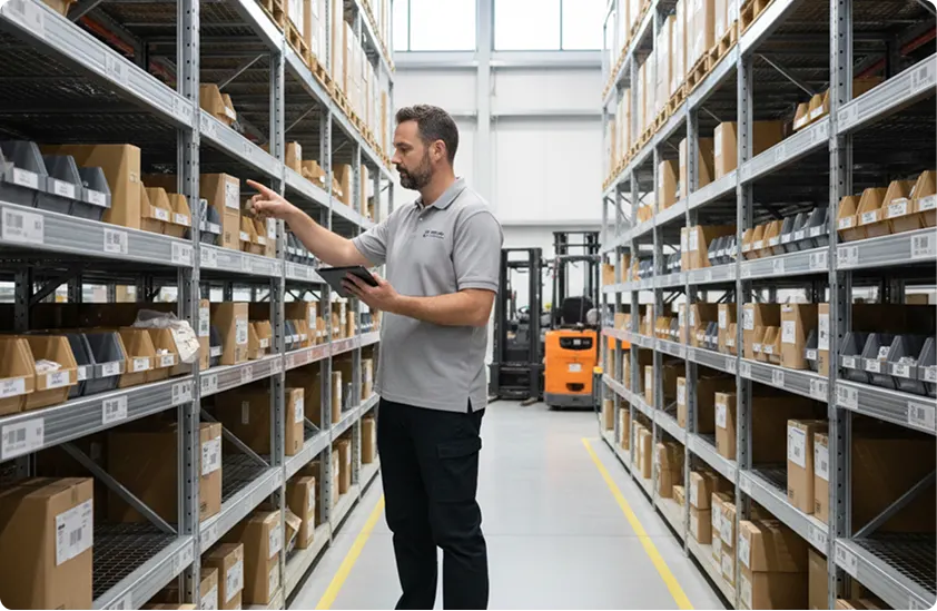 Warehouse operator checking stock locations with a tablet